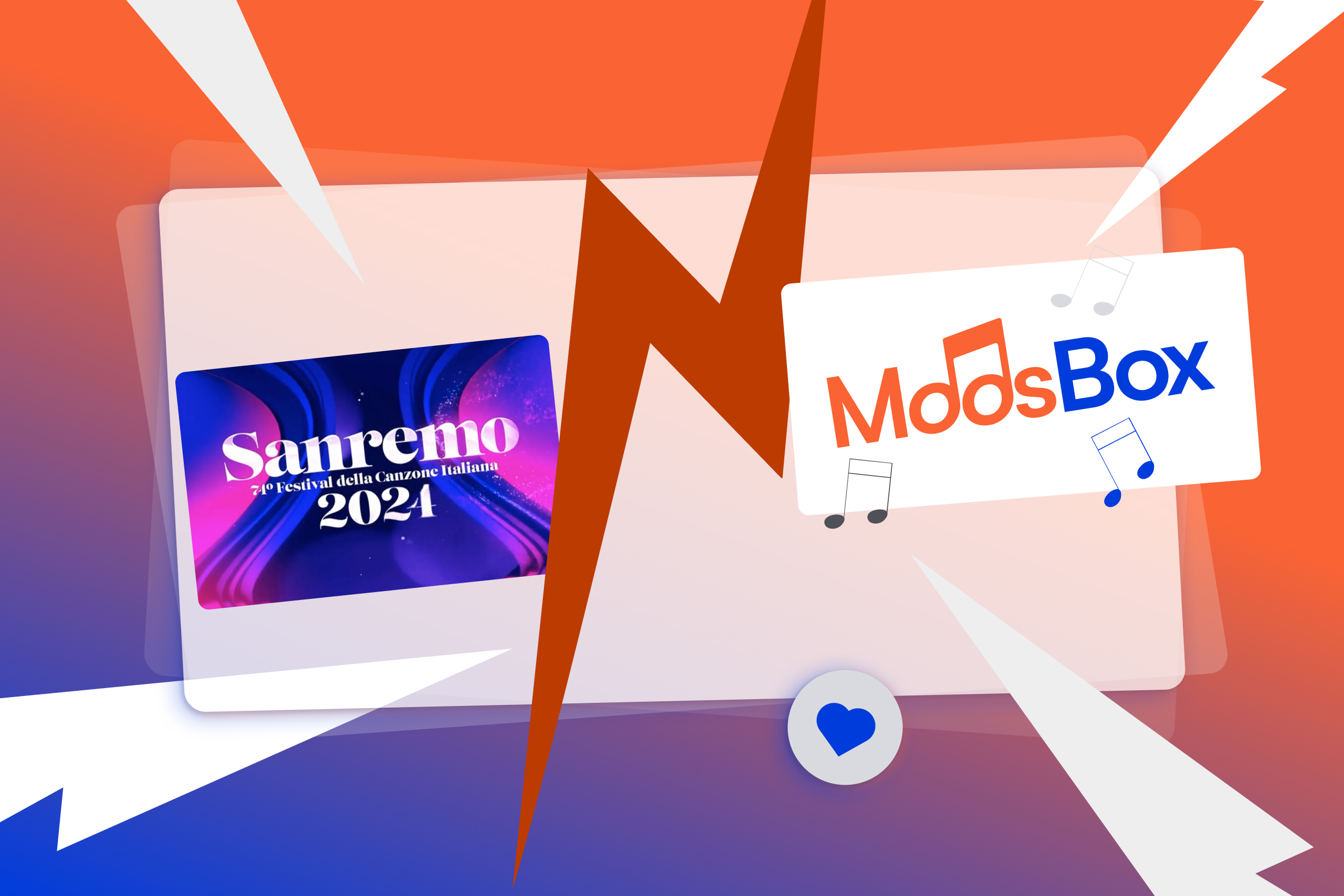 Mockup con i colori bandiera MoosBox in cui si mette a confronto la musica di Sanremo 2024 e quella di MoosBox