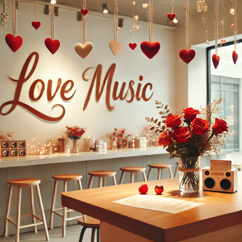 Interno di un negozio decorato per San Valentino con la frase 'Love Music' sullo sfondo, cuori rossi appesi e un bouquet di rose su un bancone. Atmosfera romantica e accogliente creata per una radio in store tematica.