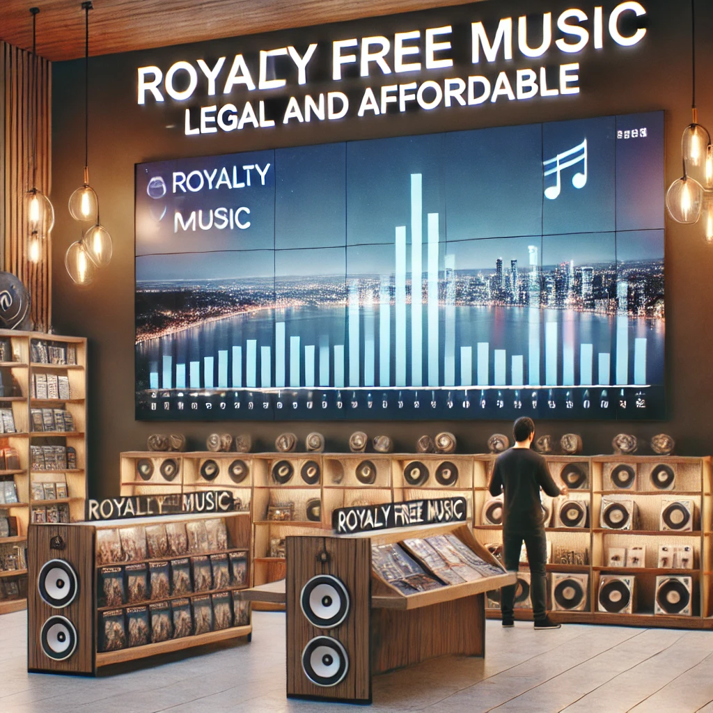 Interno di un negozio moderno con scaffali e clienti che fanno acquisti, uno schermo mostra la scritta "Royalty Free Music - Legal and Affordable" evidenziando l'impatto della liberalizzazione del diritto d'autore sulla musica di sottofondo per attività commerciali.