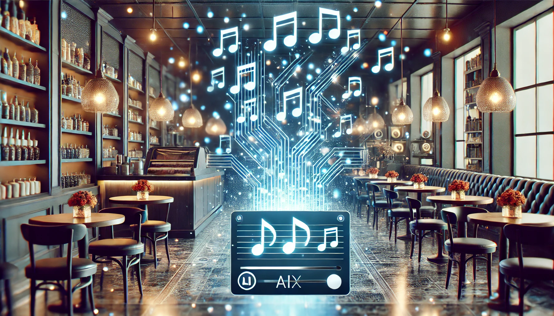 Un ambiente commerciale moderno con musica generata da intelligenza artificiale grazie a MoosBox-AI. L'immagine mostra un caffè futuristico con note musicali luminose e un'interfaccia digitale, simbolo di personalizzazione, innovazione e legalità nell'uso della musica AI.