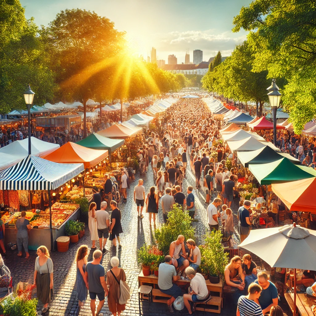 Mercato estivo con bancarelle colorate, clienti che passeggiano e alberi verdi sotto il sole.
