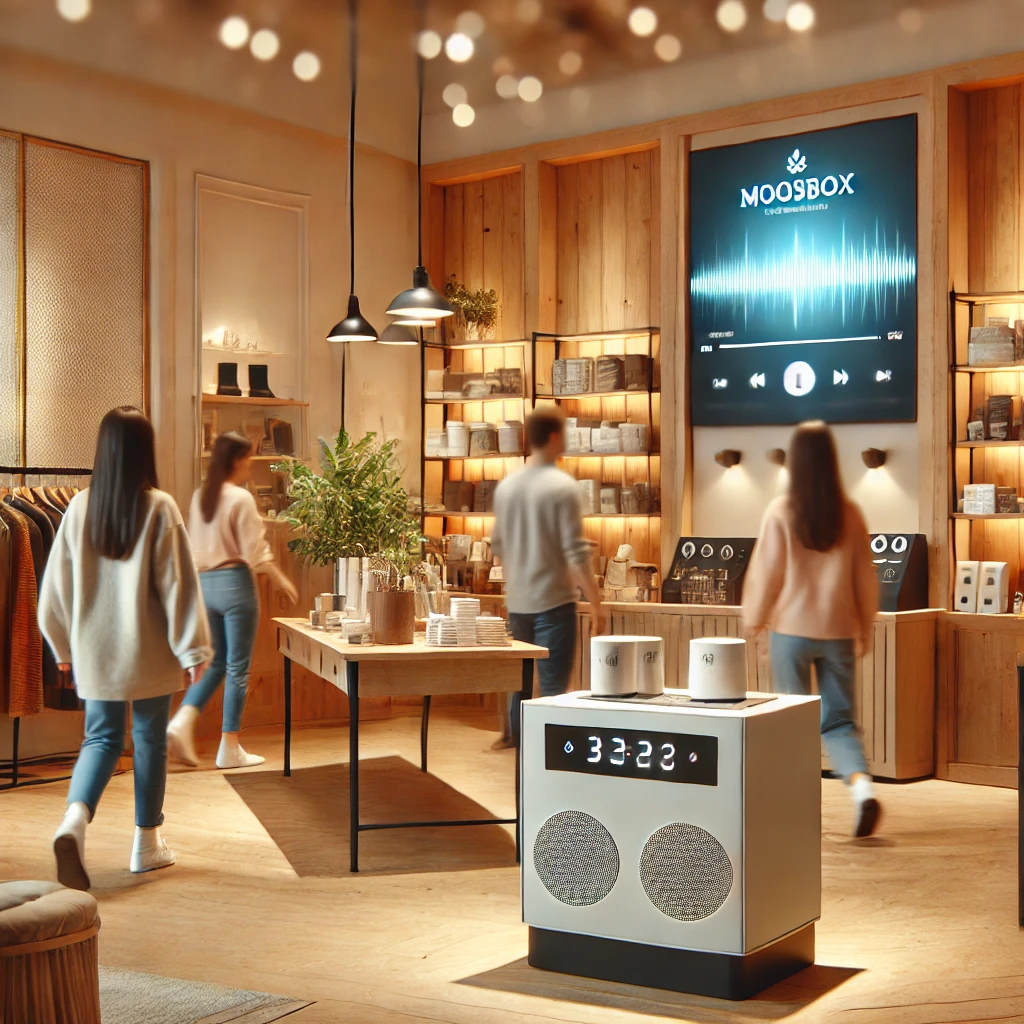 Interno di un negozio moderno con clienti che fanno shopping in un ambiente accogliente. La musica di sottofondo, riprodotta da una radio in store professionale come MoosBox, crea un'atmosfera coinvolgente e migliora l'esperienza d'acquisto.