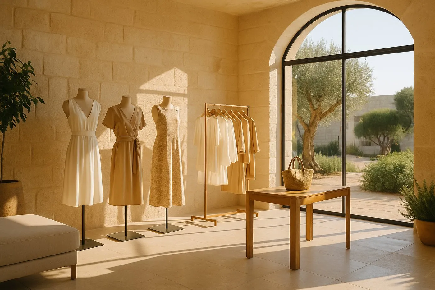 Interno di una boutique elegante con luce naturale e abiti estivi, ambientazione ispirata alla Puglia. Esempio di applicazione della musica tematica per negozio.