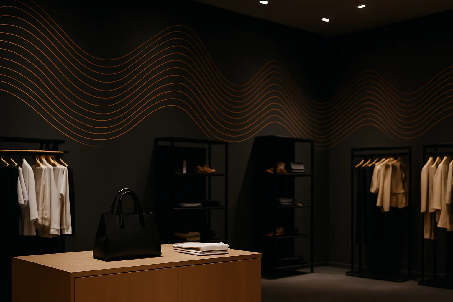 Interno di un negozio moderno con atmosfera scura, ideale per l'uso di musica personalizzata in store