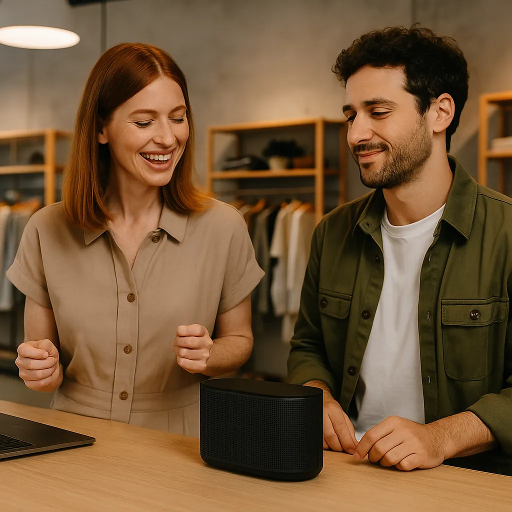 Donna in ambiente commerciale moderno con atmosfera di radio in store e musica strategica