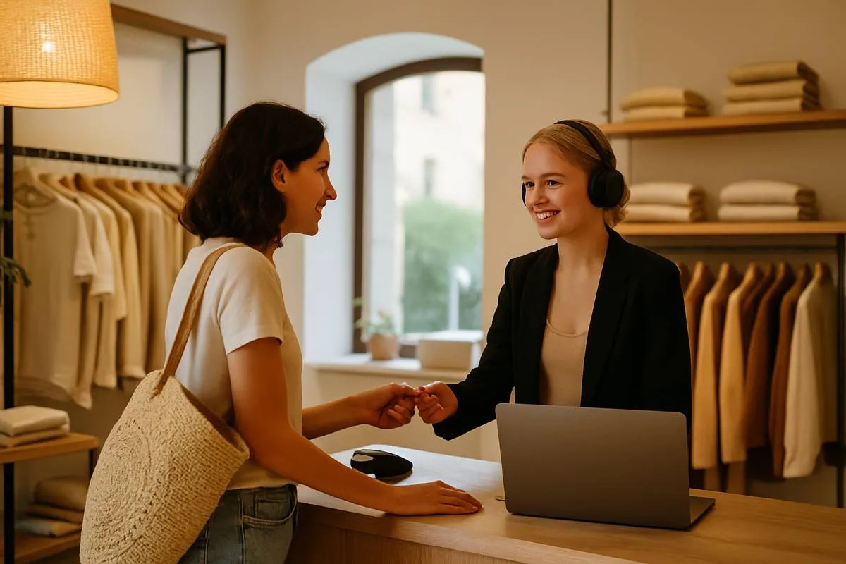 Vista interna di un negozio moderno con cliente e luce naturale