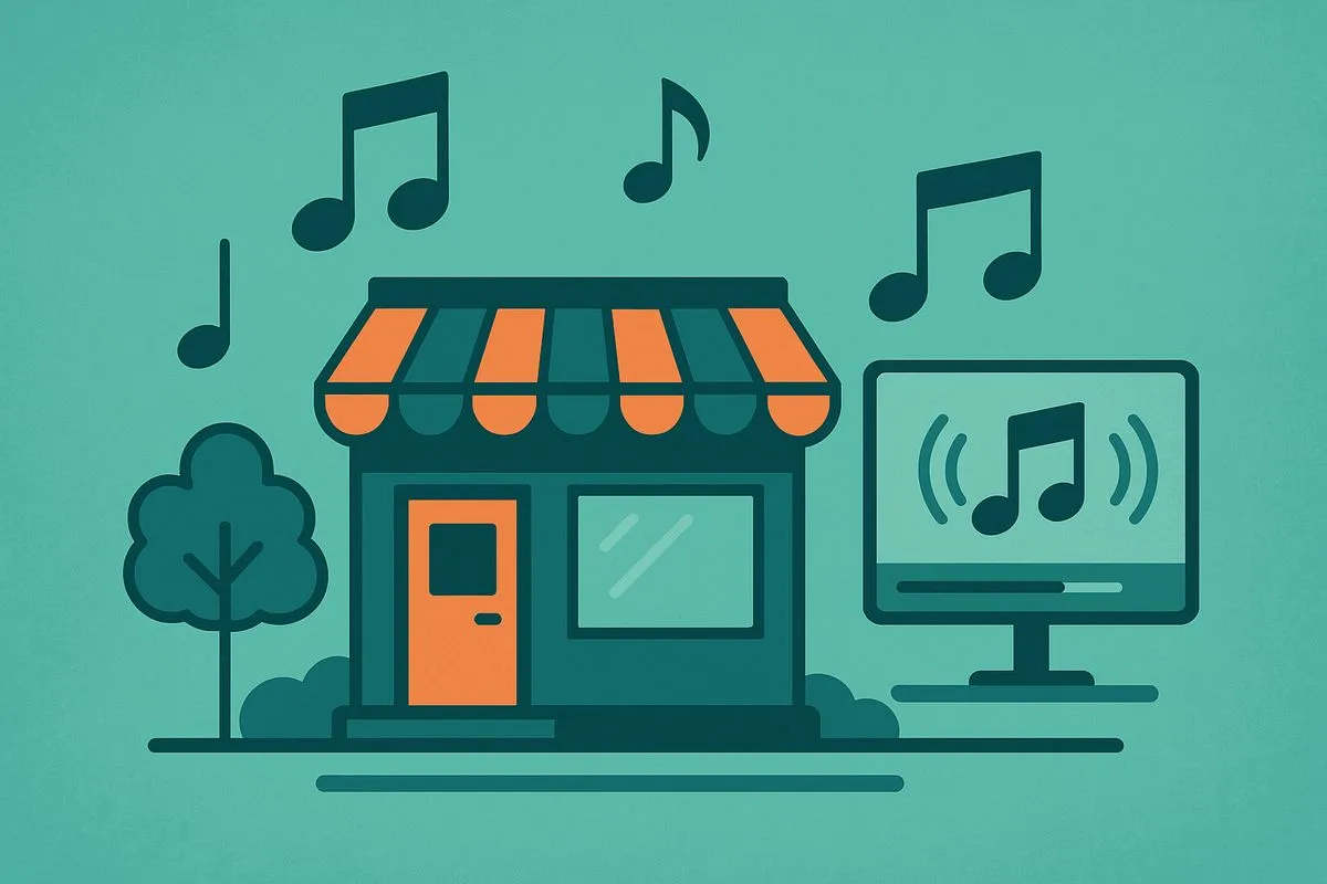 Illustrazione musica in store MoosBox con note musicali, negozio e streaming.