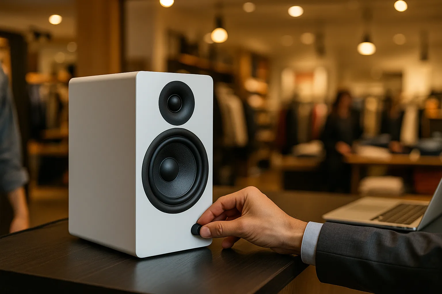 Fotografia di un ambiente retail moderno con atmosfera musicale professionale e accogliente