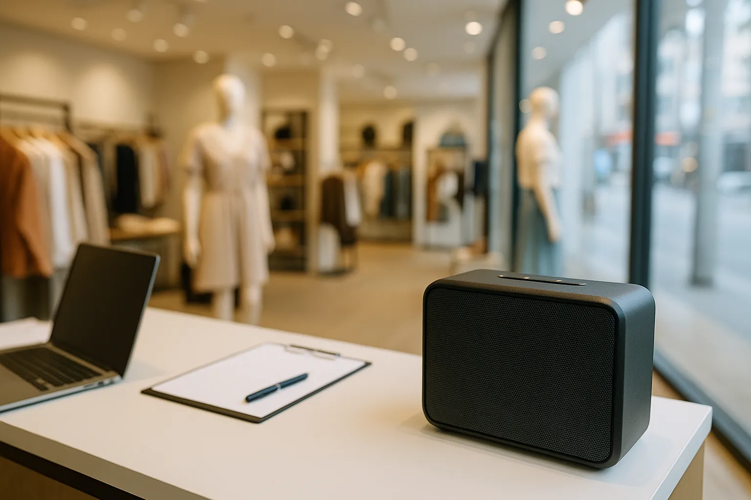 Interno di un negozio moderno con speaker musicale e manichini: esempio di musica retail su misura con AI o fully licensed.