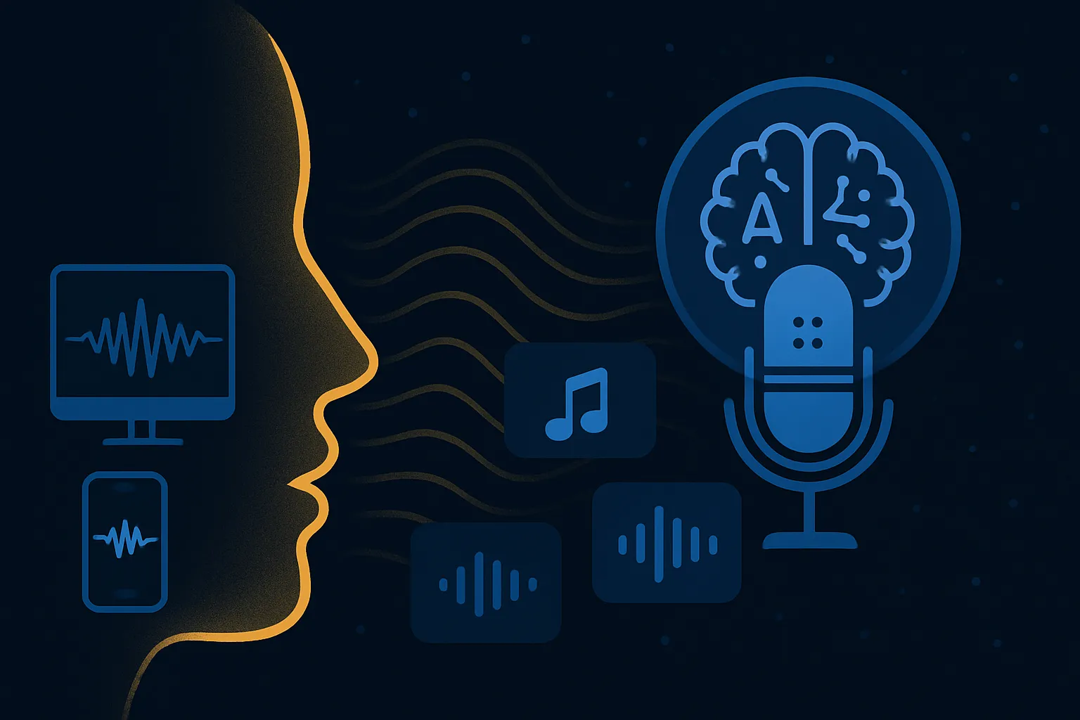 Illustrazione astratta che rappresenta il voice cloning e l’audio AI per spot in-store