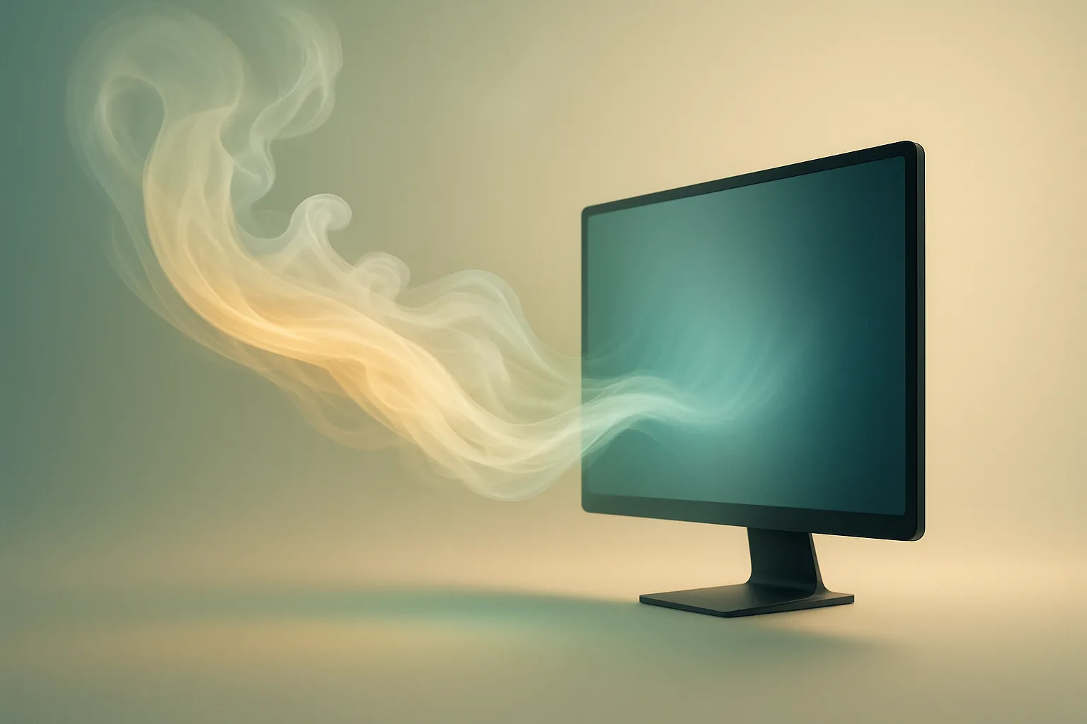 Flusso luminoso che collega un monitor a un’onda di luce, simbolo di esperienza multisensoriale retail tra digital signage e profumo