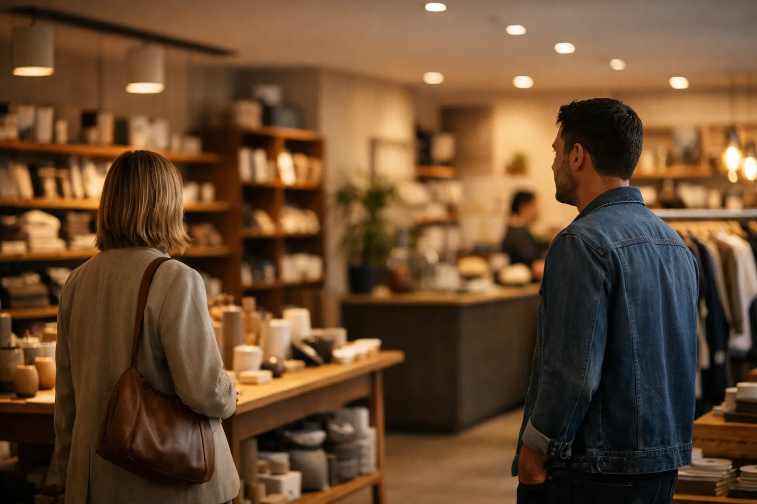 Interno di un negozio moderno con clienti, esempio di musica in store progettata come esperienza sonora