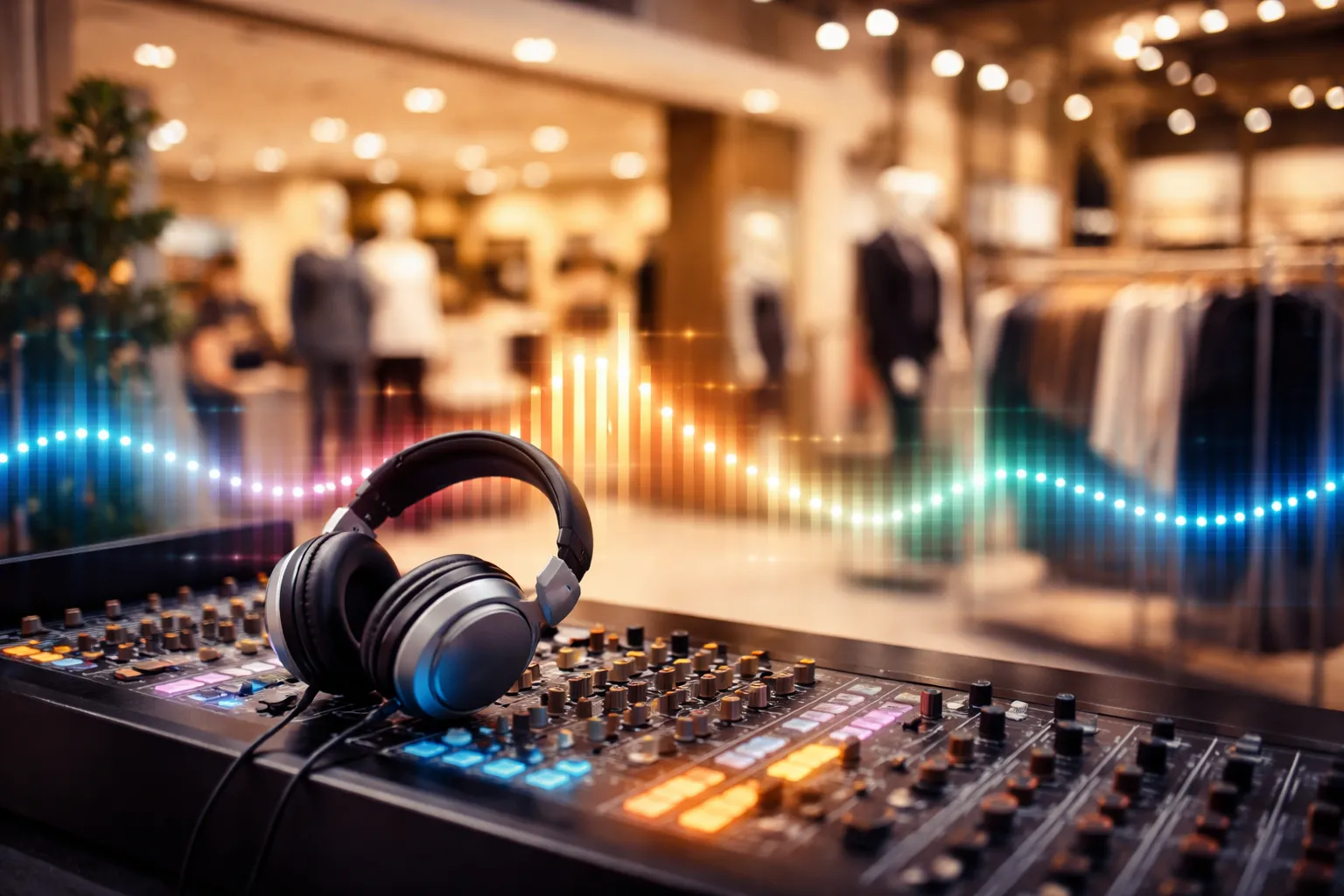 Atmosfera di un negozio con progetto sonoro e radio in store progettata