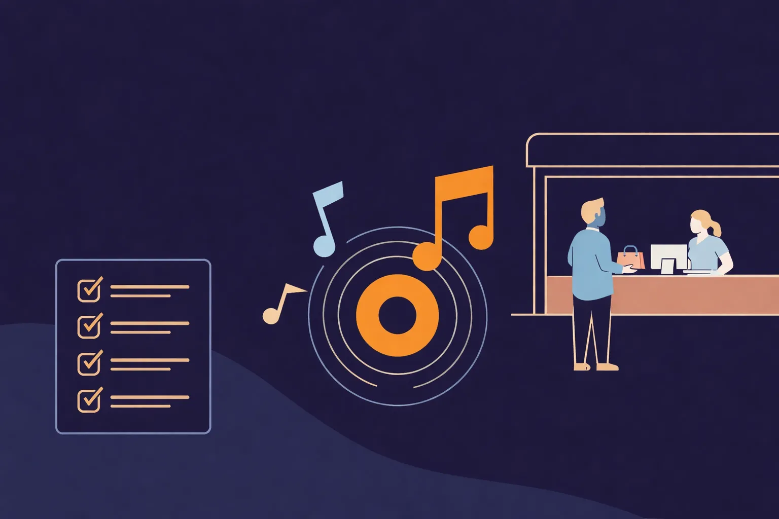 Illustrazione che rappresenta una radio in store come progetto sonoro per negozi, con musica progettata per l’esperienza del cliente