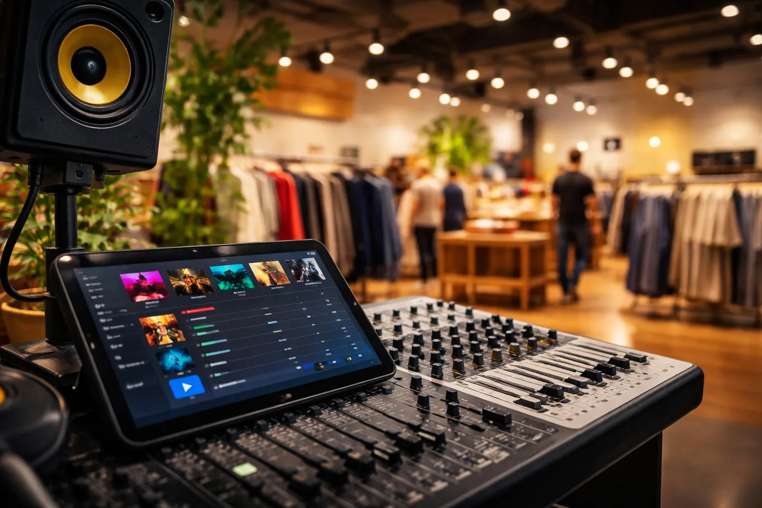 Sistema di gestione musica in un negozio moderno con radio in store attiva