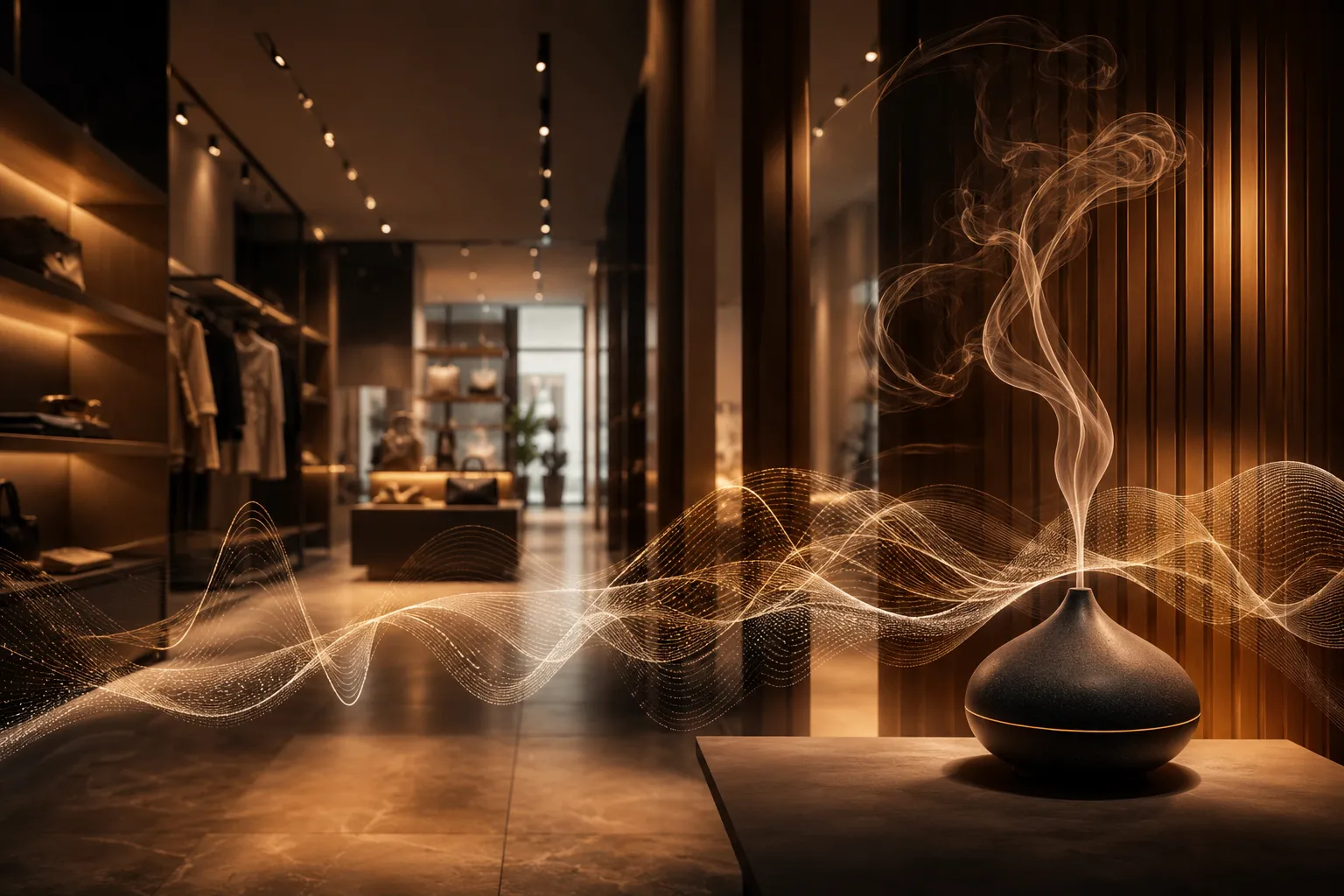 Boutique moderna con atmosfera multisensoriale tra musica, luce e marketing olfattivo nel punto vendita