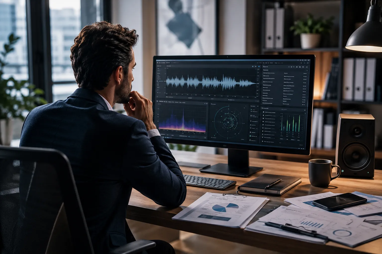 Professionista che analizza contenuti musicali assistiti da intelligenza artificiale, governance dei dati e compliance nel settore musicale