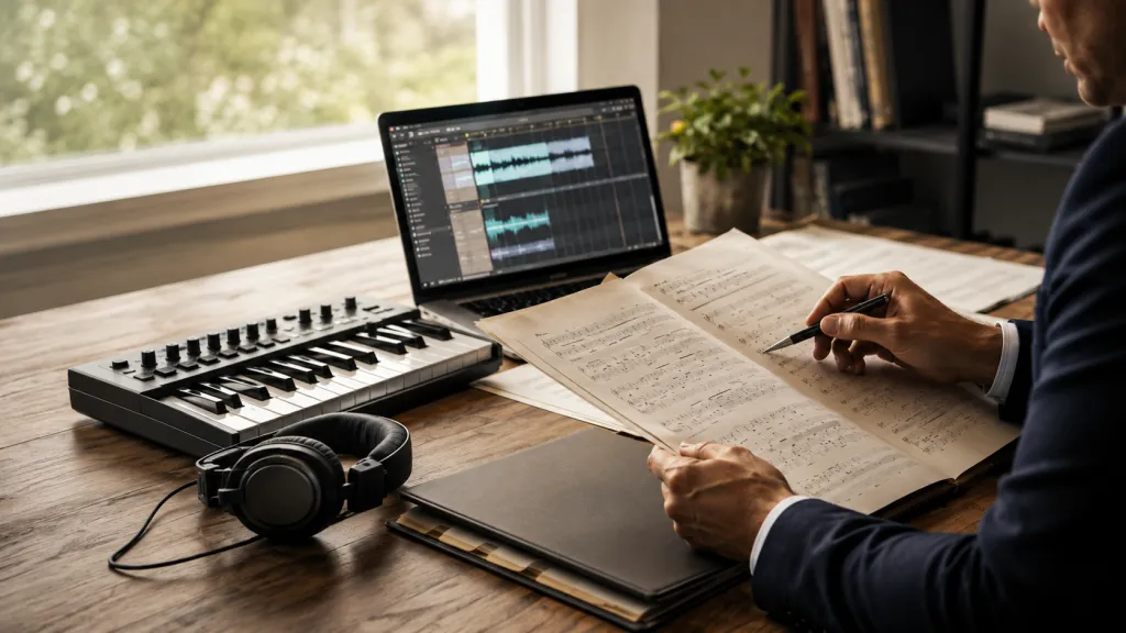 Professionista che analizza spartiti e tracce audio per il controllo dei diritti nella musica assistita da intelligenza artificiale