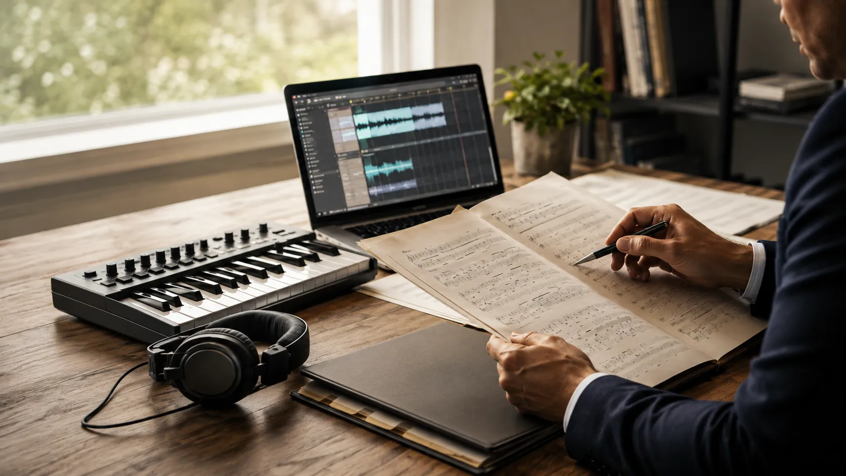 Professionista che analizza spartiti e tracce audio per il controllo dei diritti nella musica assistita da intelligenza artificiale