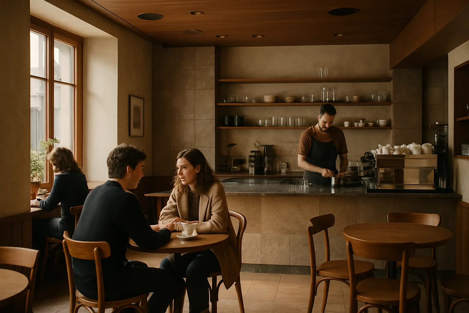 Interno di un coffee shop contemporaneo con clienti e musica ambientale
